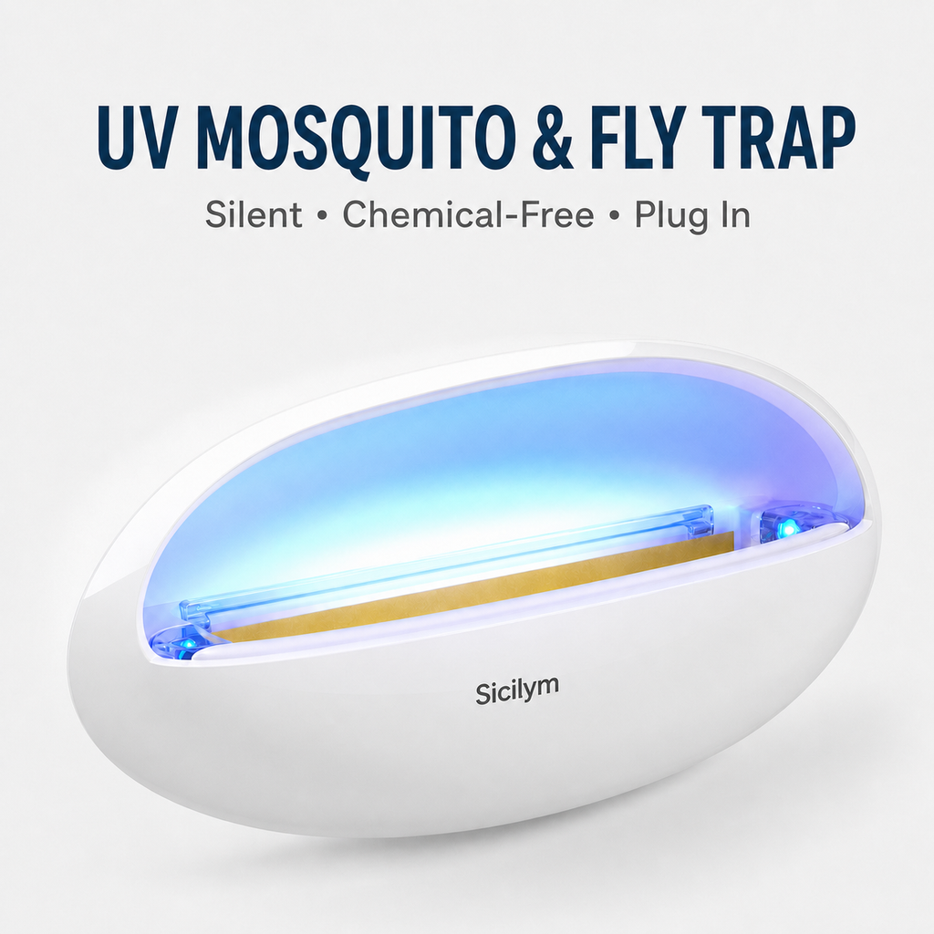 Sicilym UV Mosquito & Fly Trap, Silent Plug-In Indoor Insect Trap with Replaceable Glue Cards, No-Zap Blue Light Catcher for Home, Kitchen, Café & Restaurant