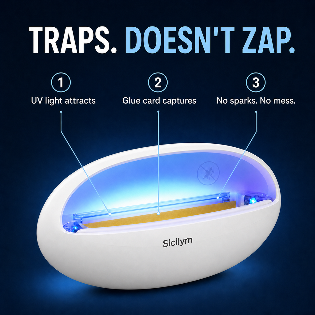 Sicilym UV Mosquito & Fly Trap, Silent Plug-In Indoor Insect Trap with Replaceable Glue Cards, No-Zap Blue Light Catcher for Home, Kitchen, Café & Restaurant