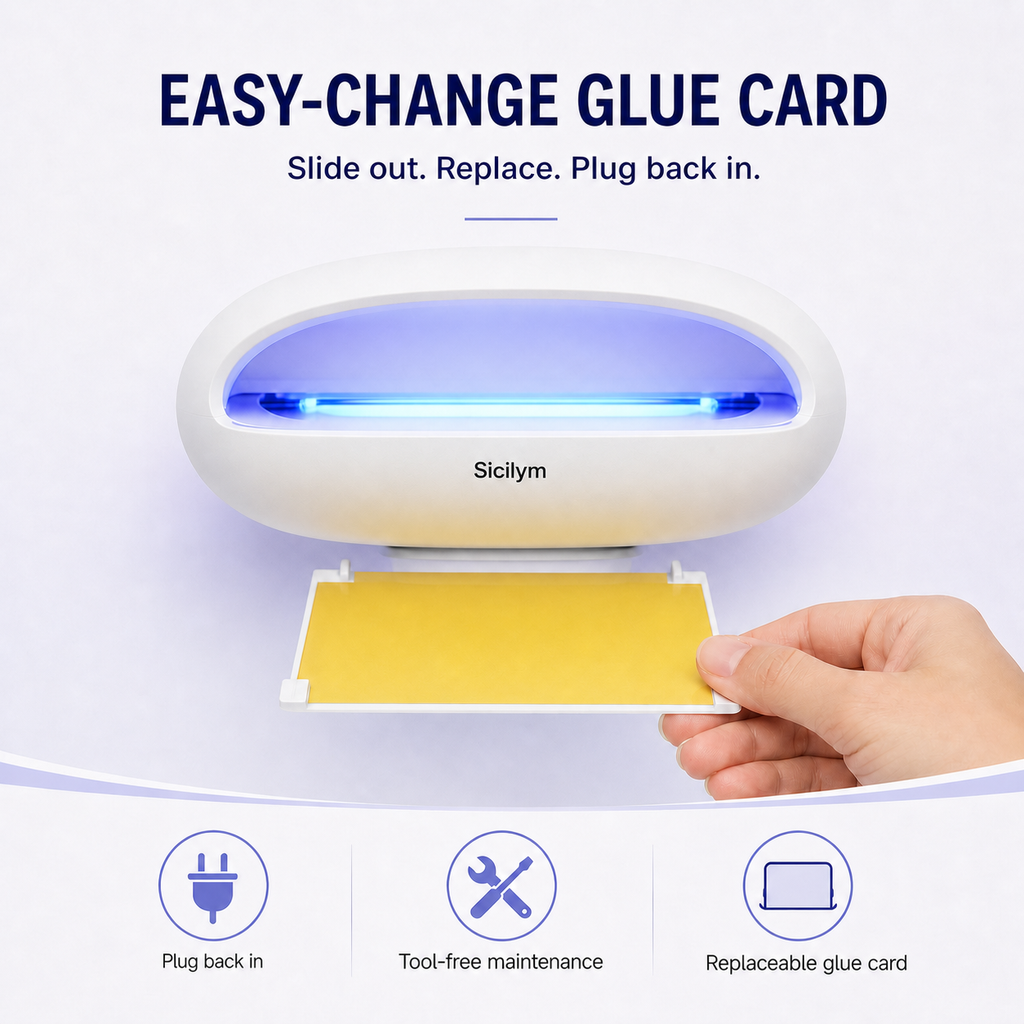 Sicilym UV Mosquito & Fly Trap, Silent Plug-In Indoor Insect Trap with Replaceable Glue Cards, No-Zap Blue Light Catcher for Home, Kitchen, Café & Restaurant