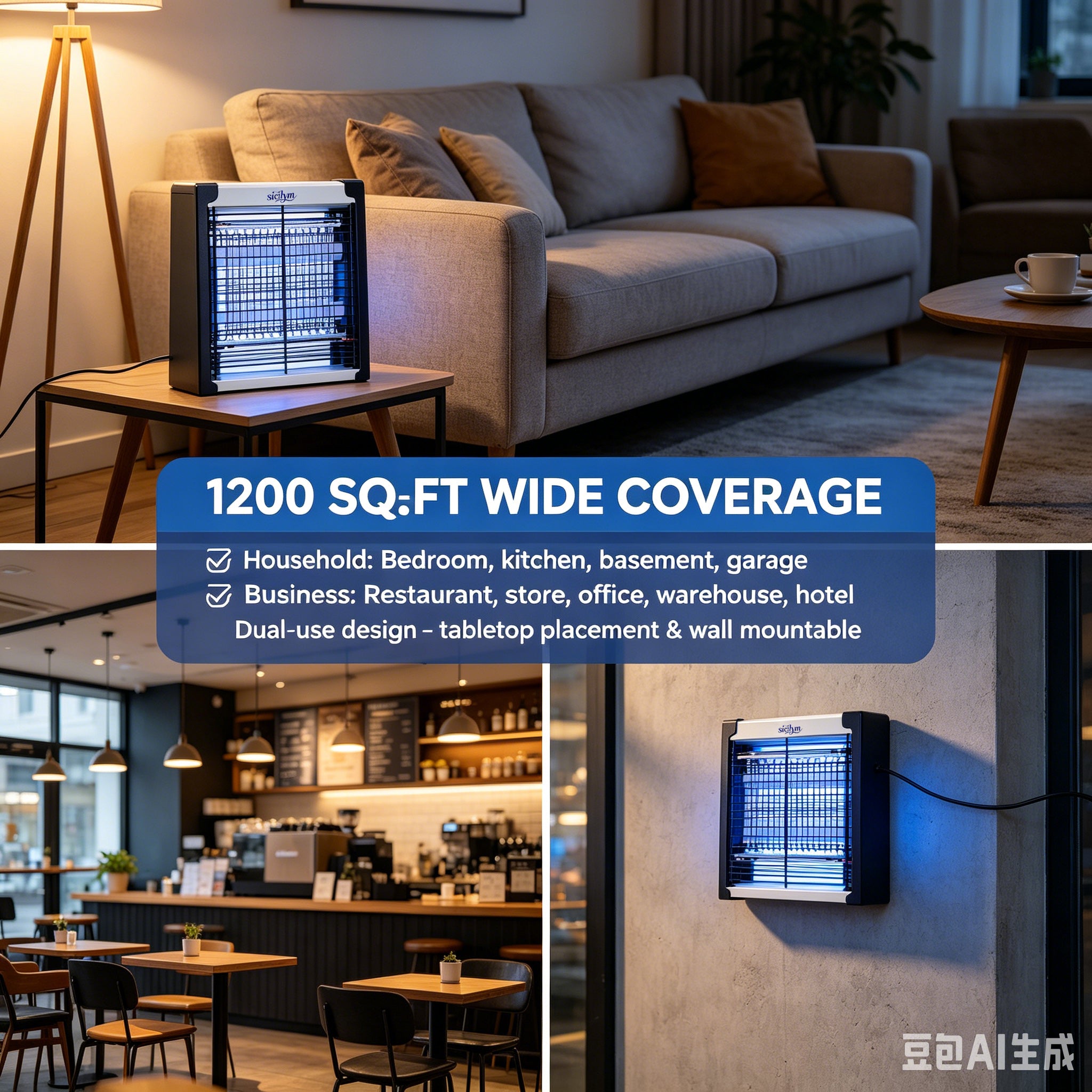 Siclym Indoor Bug Zapper, 1500V Electric Mosquito Killer with Dual 365nm UV Light Tubes, 1200 Sq. Ft. Coverage, Chemical-Free Fly Zapper for Home, Kitchen, Garage, Office & Restaurant, Tabletop or Wall Mount