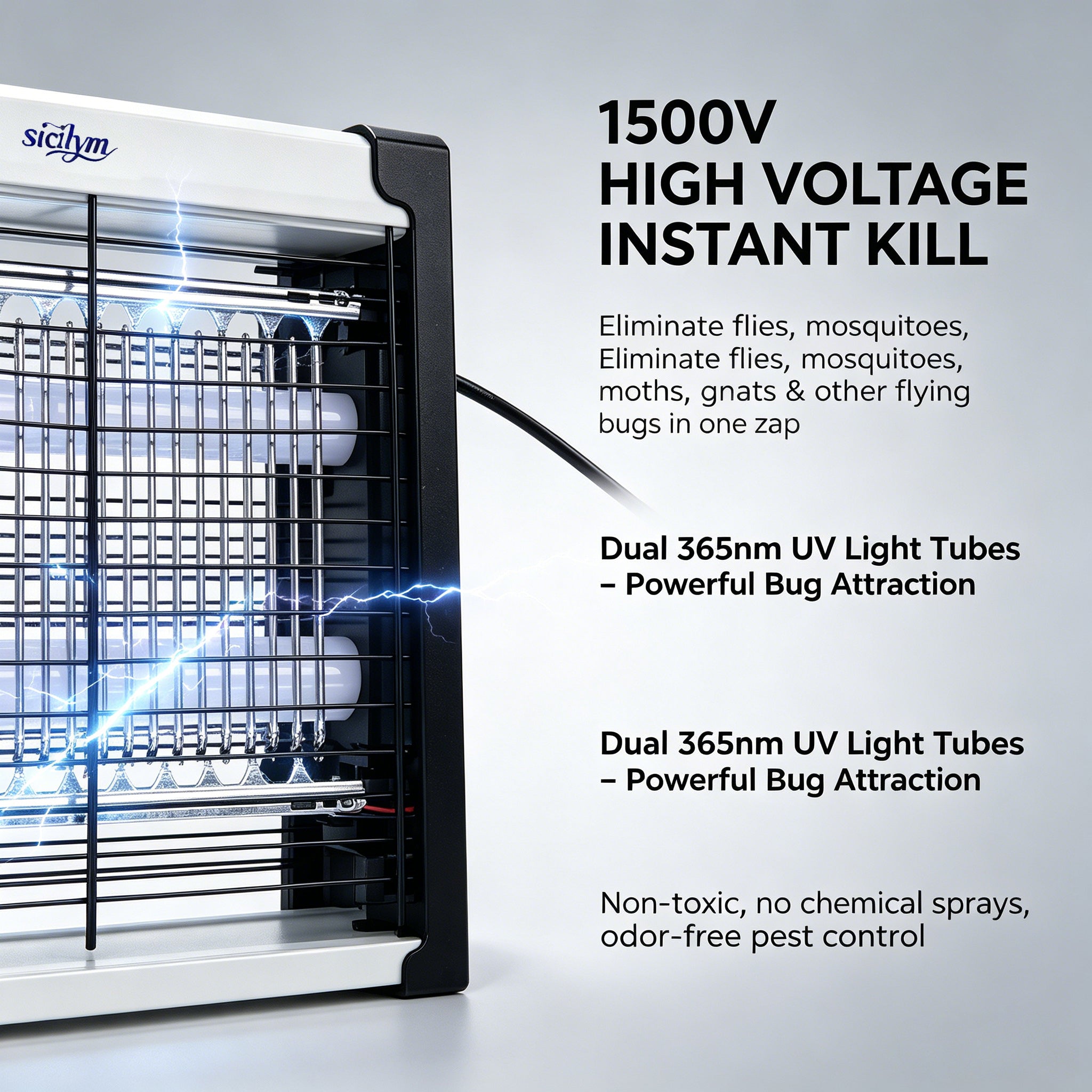 Siclym Indoor Bug Zapper, 1500V Electric Mosquito Killer with Dual 365nm UV Light Tubes, 1200 Sq. Ft. Coverage, Chemical-Free Fly Zapper for Home, Kitchen, Garage, Office & Restaurant, Tabletop or Wall Mount