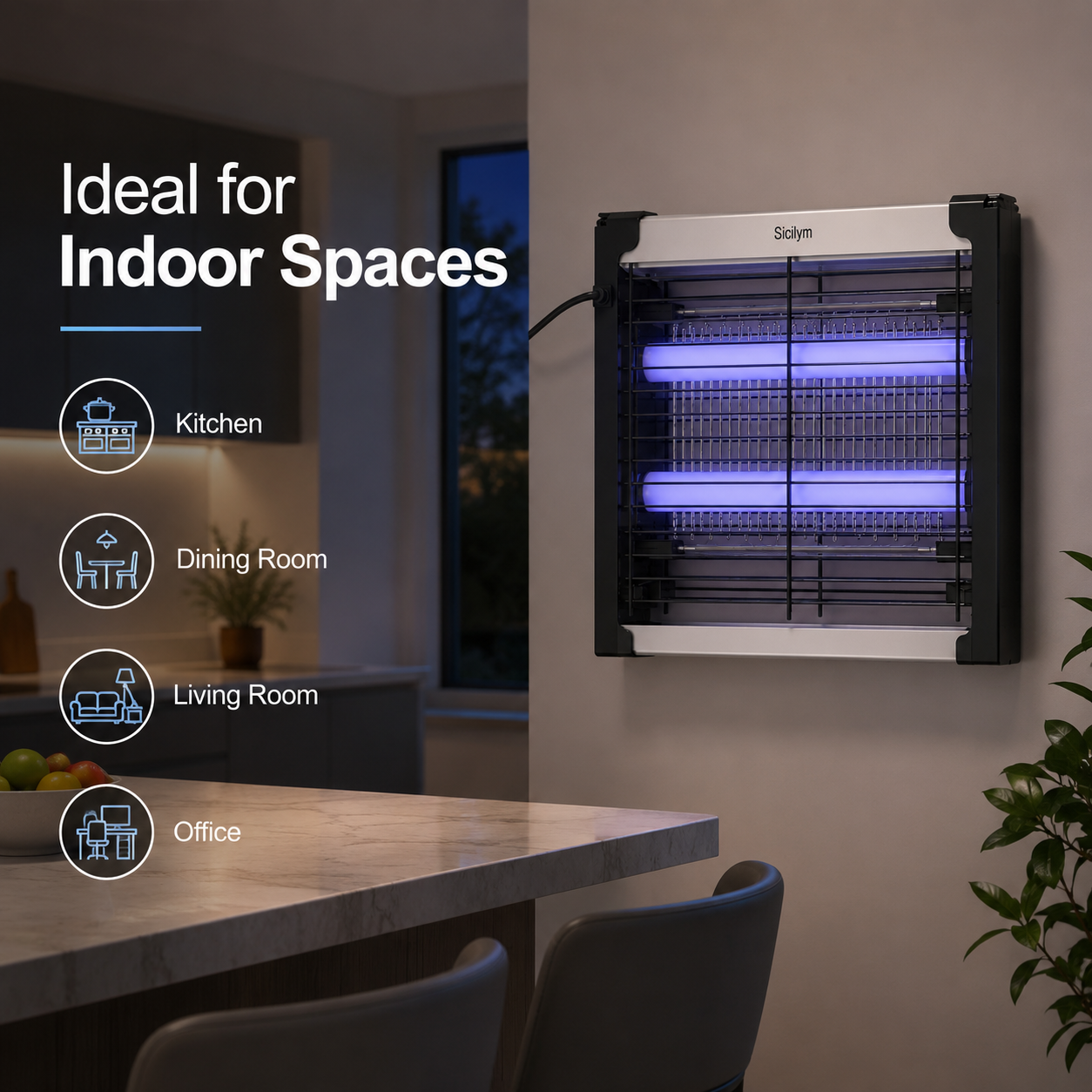 Siciym Indoor Bug Zapper, Electric Mosquito Killer with Dual 365nm UV Light Tubes, 1200 Sq. Ft. Coverage, Chemical-Free Fly Zapper for Home, Kitchen, Garage, Office & Restaurant, Tabletop or Wall Mount