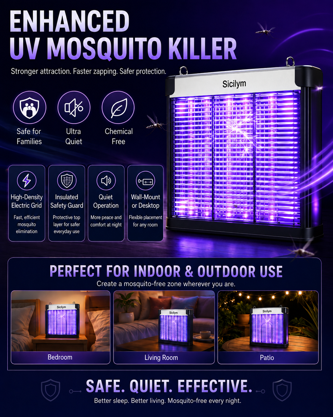 Sicilym Indoor Bug Zapper, UV Mosquito Killer Lamp with High-Density Electric Grid, Quiet Plug-In Insect Killer with Safety Guard, Wall-Mount or Desktop Use for Bedroom, Living Room and Covered Patio