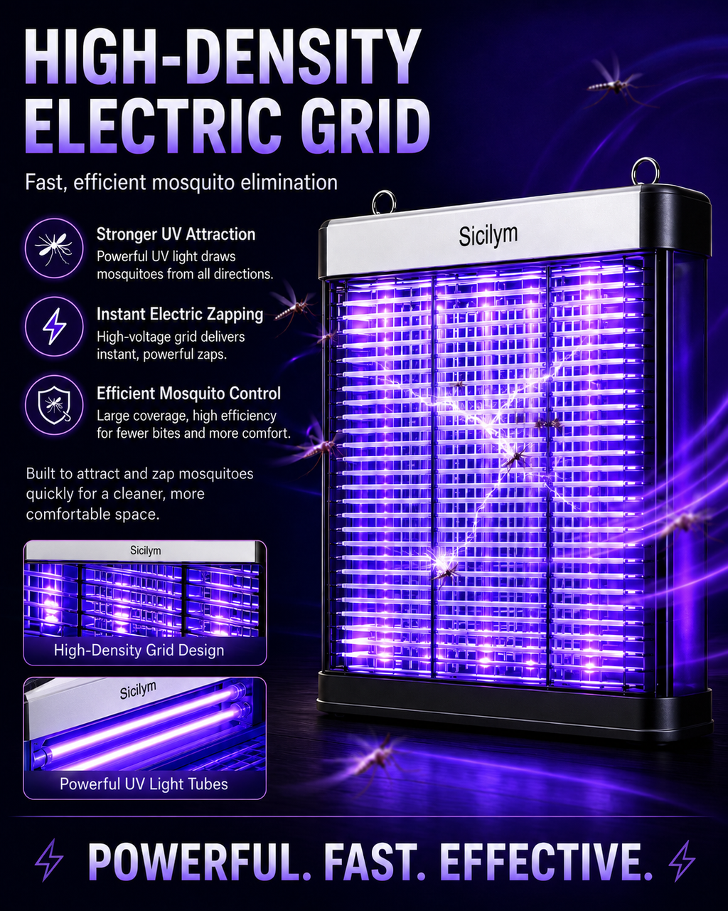 Sicilym Indoor Bug Zapper, UV Mosquito Killer Lamp with High-Density Electric Grid, Quiet Plug-In Insect Killer with Safety Guard, Wall-Mount or Desktop Use for Bedroom, Living Room and Covered Patio