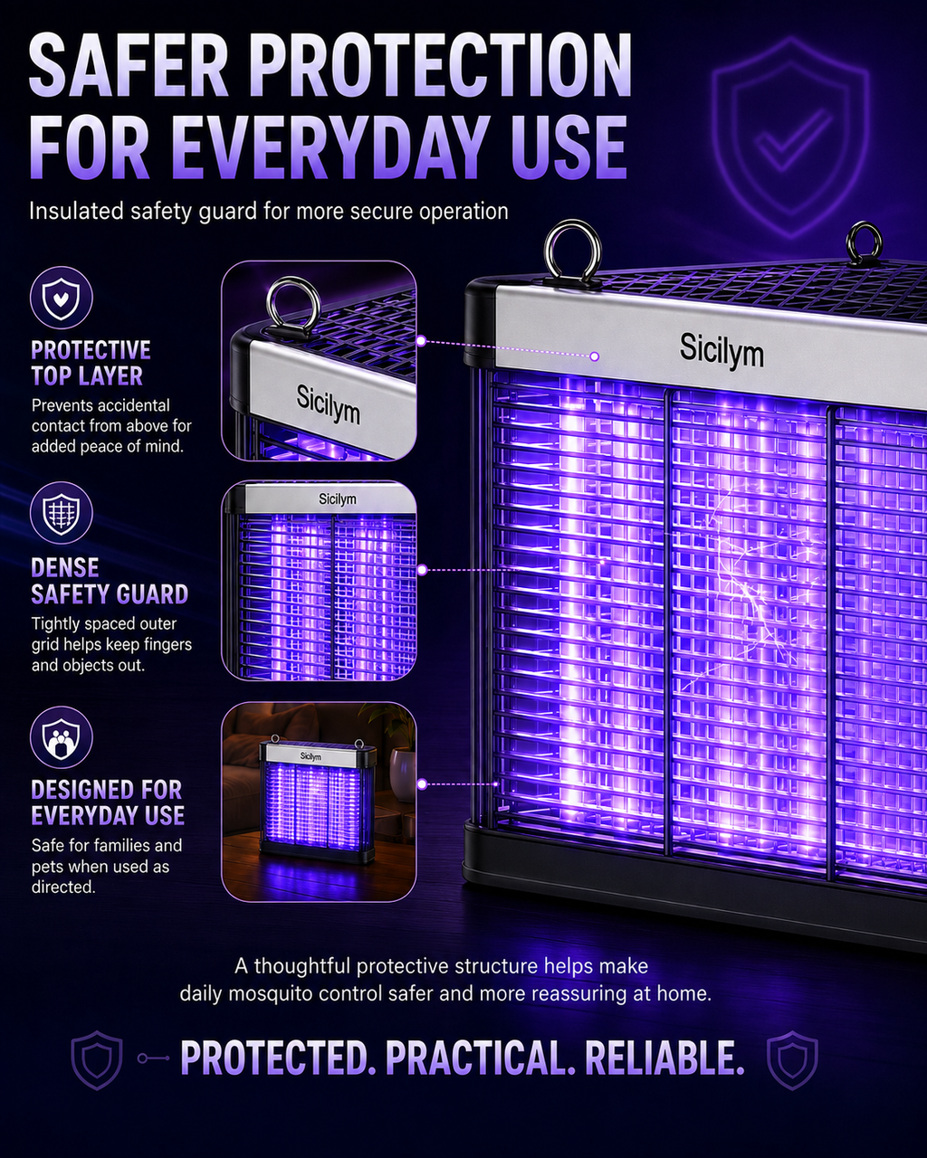 Sicilym Indoor Bug Zapper, UV Mosquito Killer Lamp with High-Density Electric Grid, Quiet Plug-In Insect Killer with Safety Guard, Wall-Mount or Desktop Use for Bedroom, Living Room and Covered Patio