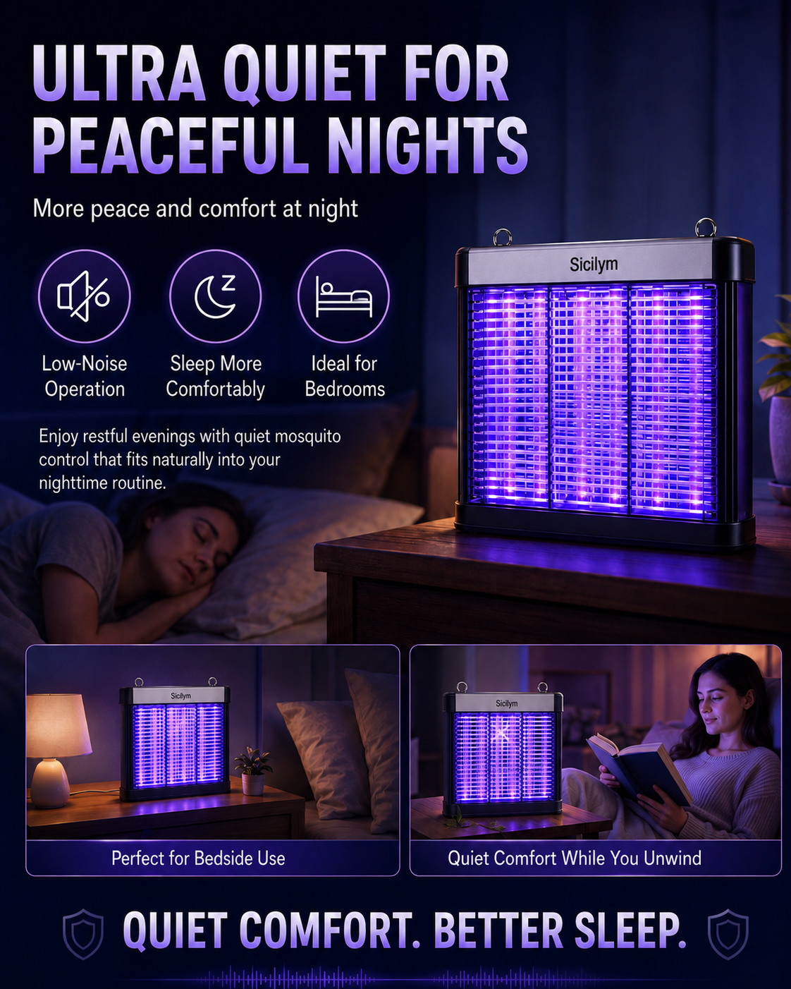 Sicilym Indoor Bug Zapper, UV Mosquito Killer Lamp with High-Density Electric Grid, Quiet Plug-In Insect Killer with Safety Guard, Wall-Mount or Desktop Use for Bedroom, Living Room and Covered Patio