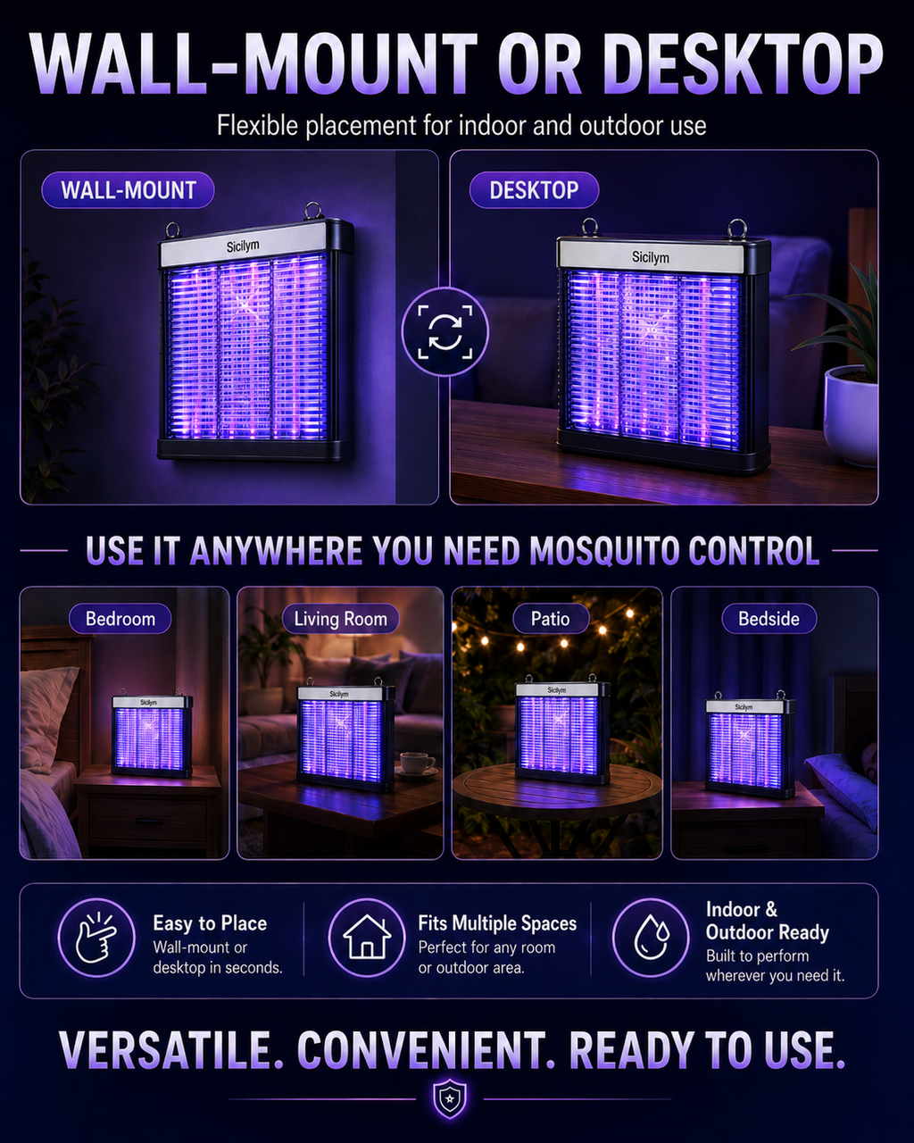 Sicilym Indoor Bug Zapper, UV Mosquito Killer Lamp with High-Density Electric Grid, Quiet Plug-In Insect Killer with Safety Guard, Wall-Mount or Desktop Use for Bedroom, Living Room and Covered Patio