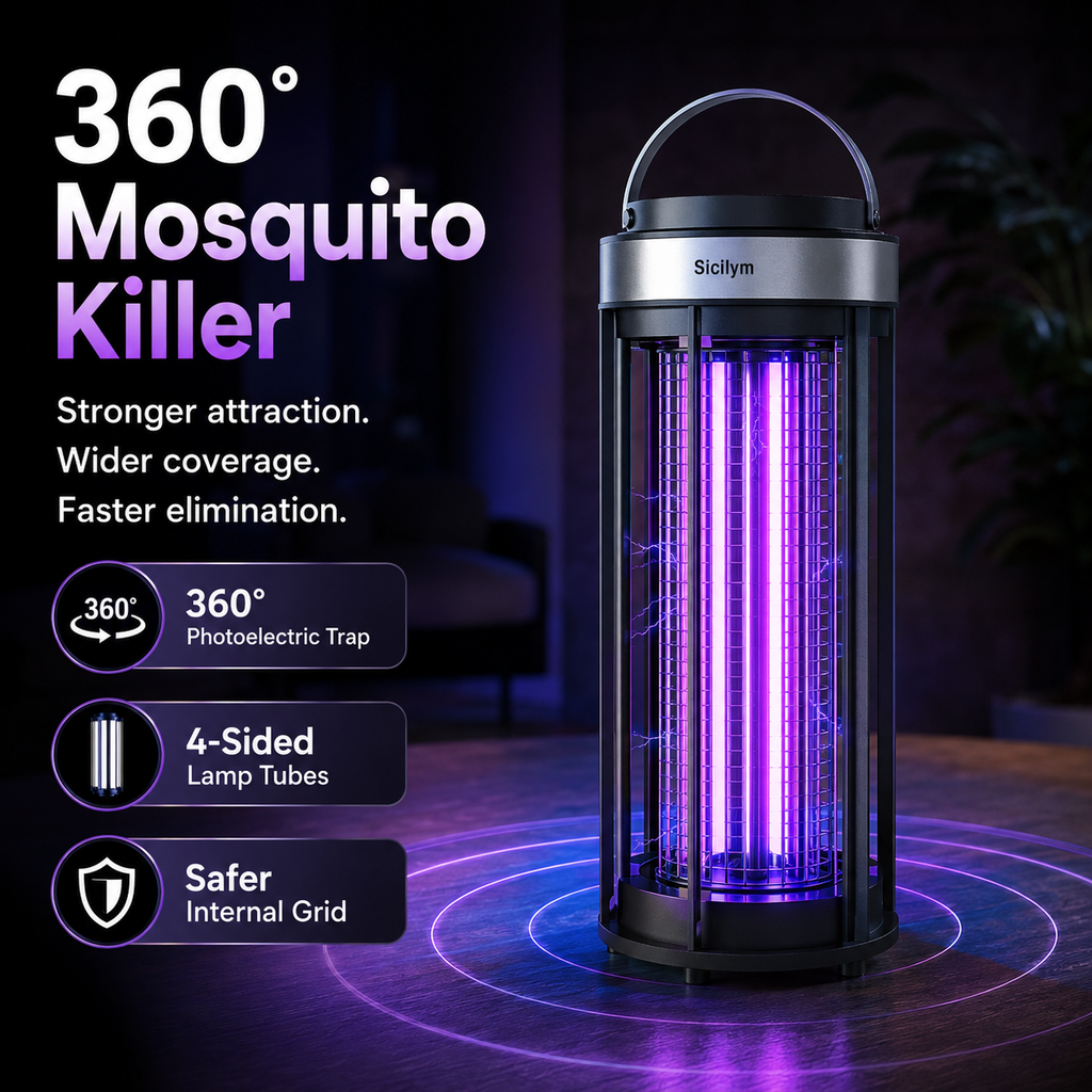 Sicilym 360° Indoor Bug Zapper, 4-Sided 365nm UVA Mosquito Killer Lamp with 3600V Electric Grid, Extended UV Tubes and Protective Housing for Home Use