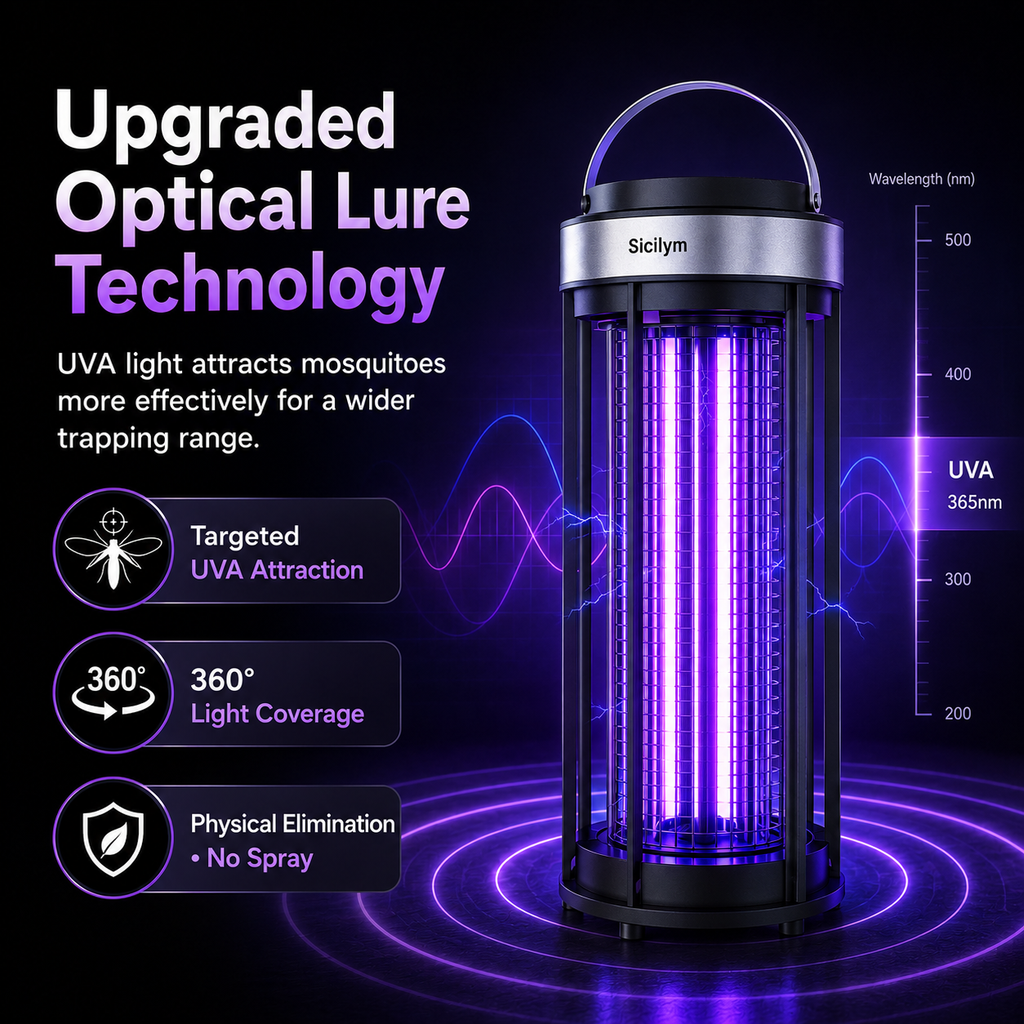 Sicilym 360° Indoor Bug Zapper, 4-Sided 365nm UVA Mosquito Killer Lamp with 3600V Electric Grid, Extended UV Tubes and Protective Housing for Home Use