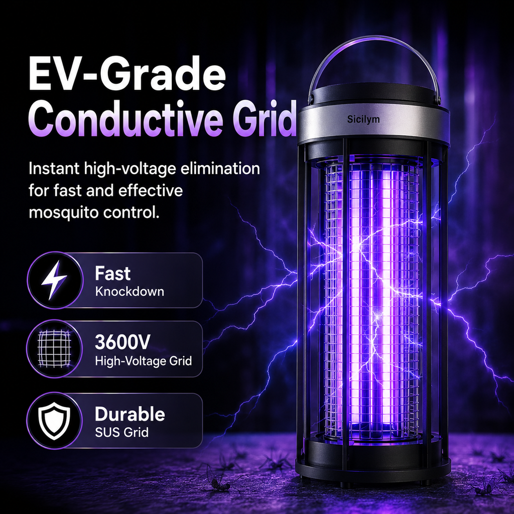 Sicilym 360° Indoor Bug Zapper, 4-Sided 365nm UVA Mosquito Killer Lamp with 3600V Electric Grid, Extended UV Tubes and Protective Housing for Home Use