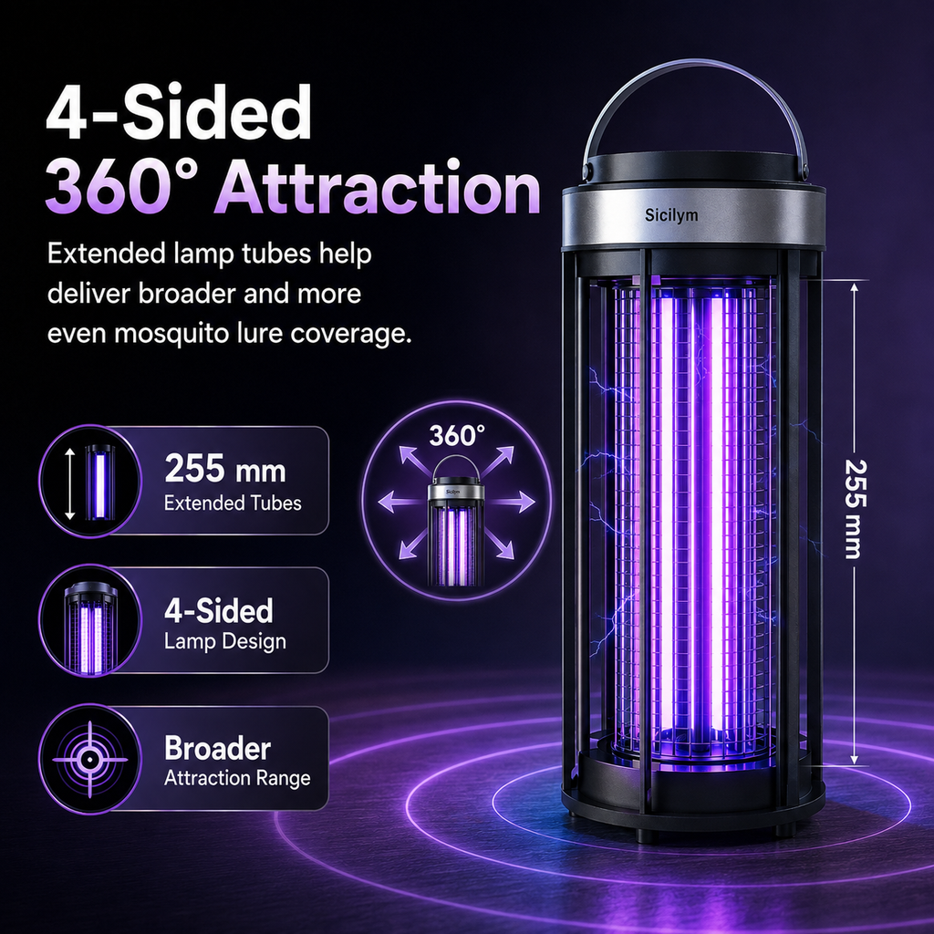 Sicilym 360° Indoor Bug Zapper, 4-Sided 365nm UVA Mosquito Killer Lamp with 3600V Electric Grid, Extended UV Tubes and Protective Housing for Home Use