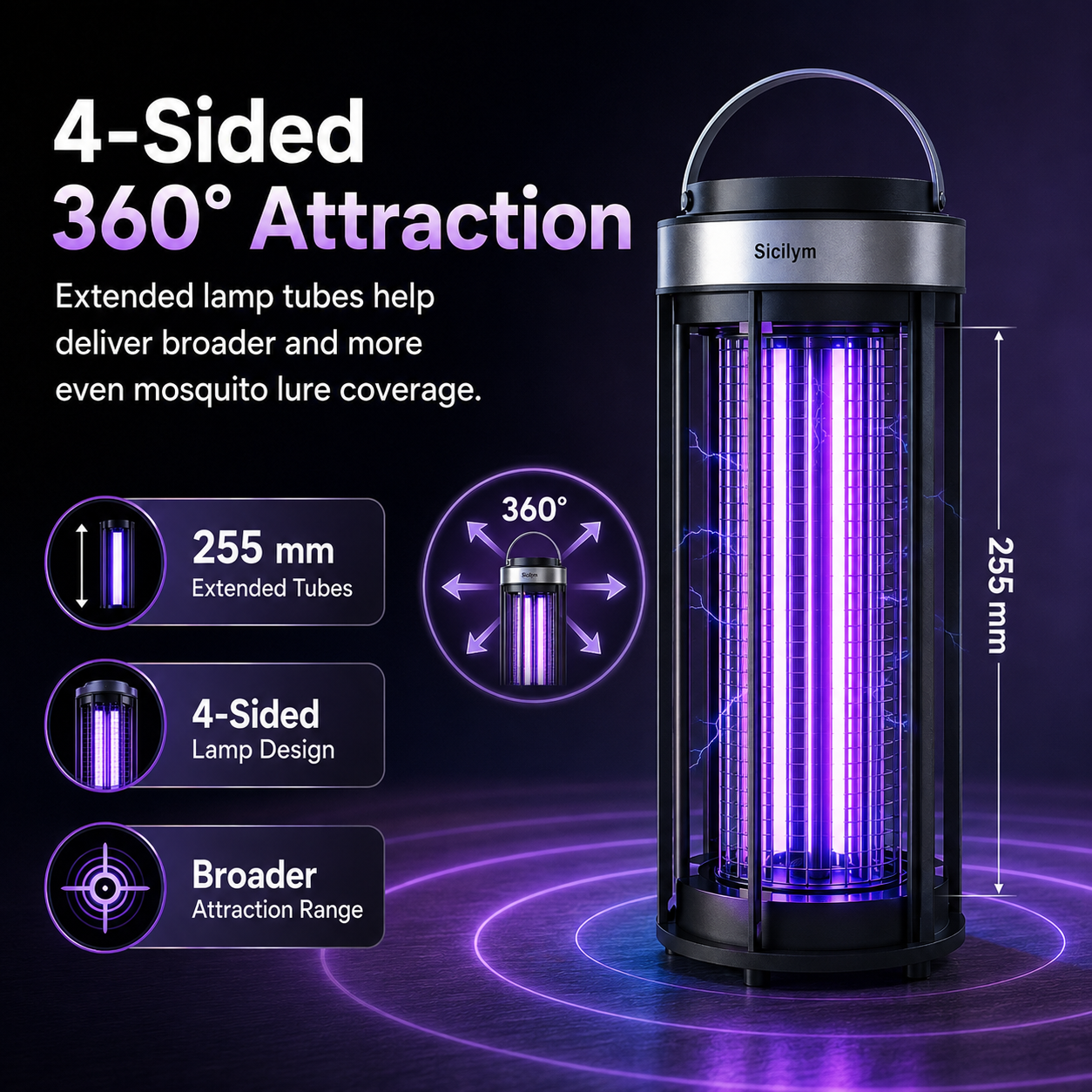 Sicilym 360° Indoor Bug Zapper, 4-Sided 365nm UVA Mosquito Killer Lamp with 3600V Electric Grid, Extended UV Tubes and Protective Housing for Home Use